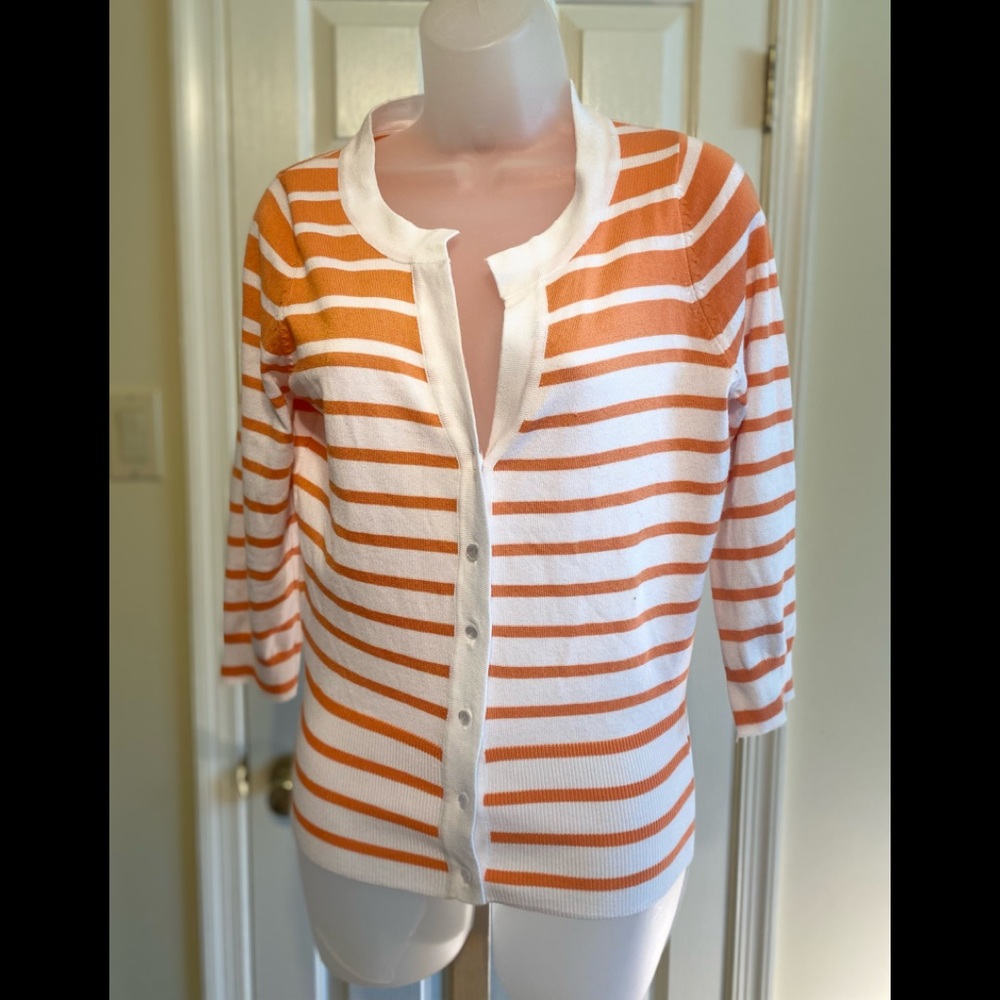 Neiman Marcus - Woman’s orange & white color striped cardigan sweater, Size: S